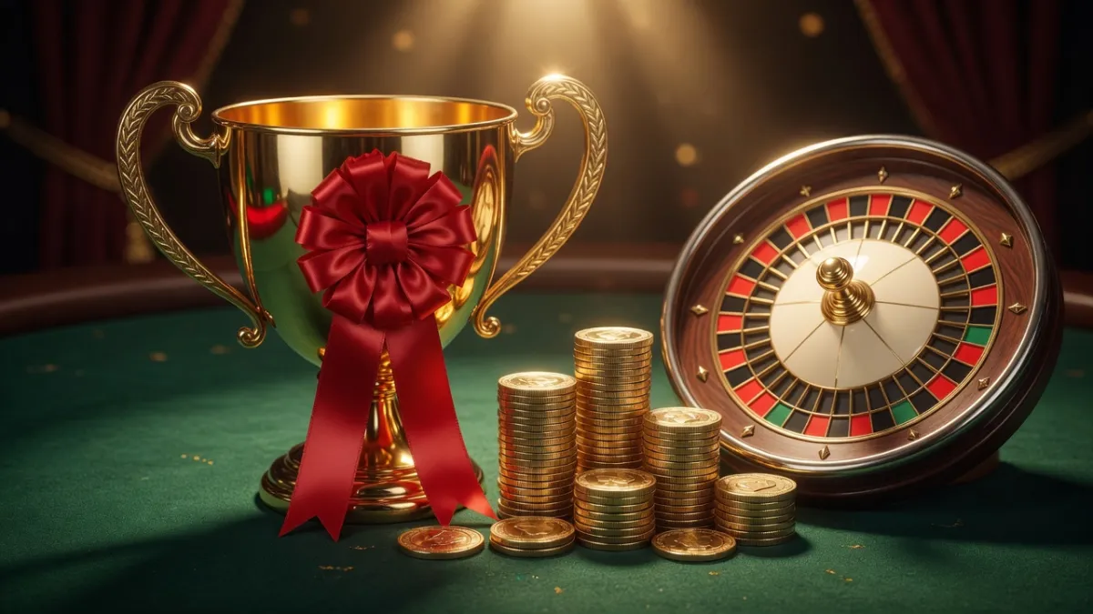 Gouden trofee met rood lint en casinofiches op een speeltafel